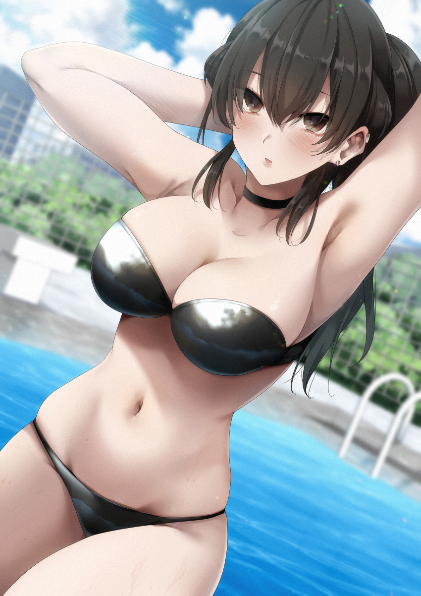 1girl absurdres armpits arms_up bangs bikini bikini_bridge black_bikini black_choker black_hair blurry blurry_background blush breasts brown_eyes choker cleavage commentary_request ear_piercing highres konata_(kankin_jk) large_breasts long_hair mishiranu_joshikousei_ni_kankin_sareta_mangaka_no_hanashi navel outdoors parted_lips piercing pool ryouma_(galley) solo strapless strapless_bikini swimsuit tsurime water