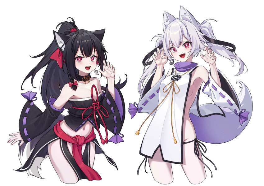 2girls :d absurdres animal_ears armpits bare_shoulders black_choker black_hair black_nails black_panties black_shirt black_skirt braid breasts bright_pupils character_request choker claw_pose collarbone crop_top cropped_legs detached_sleeves fang fox_ears fox_girl fox_tail hands_up highres indie_virtual_youtuber japanese_clothes long_hair long_sleeves looking_at_viewer medium_breasts midriff multiple_girls nail_polish navel no_bra no_panties open_mouth panties pelvic_curtain ponytail purple_nails red_eyes shirt side-tie_panties side-tie_peek sideboob sideless_outfit simple_background skirt smile stomach strapless strapless_shirt string_panties tail thighs toga_(toganawa) tube_top twintails underwear very_long_hair virtual_youtuber white_background white_hair wide_sleeves