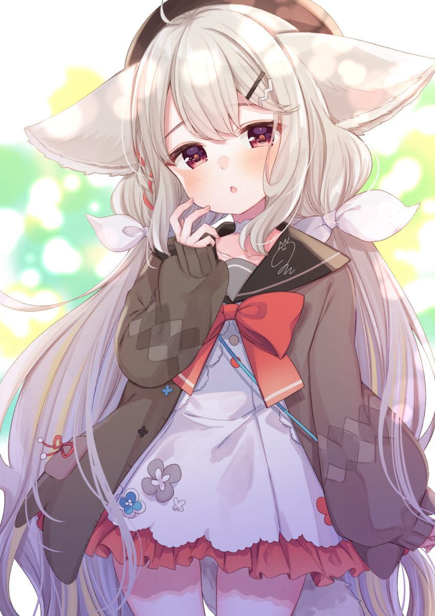 1girl ahoge animal_ears blush commission fox_ears fox_girl fox_tail hair_ornament highres kisukekun long_hair looking_at_viewer low_twintails original red_eyes sakurada_shiro skeb_commission skirt solo tail twintails very_long_hair white_hair