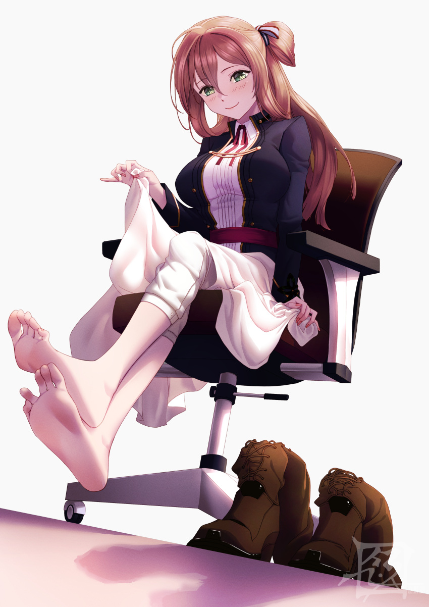 1girl absurdres arm_up artist_logo barefoot blush boots boots_removed breasts brown_footwear brown_hair chair clothes_lift commentary_request crossed_legs feet foreshortening full_body girls'_frontline gold_trim green_eyes grey_background hair_between_eyes hair_ribbon highres large_breasts legs lifted_by_self long_hair long_sleeves looking_at_viewer neck_ribbon office_chair one_side_up pants pants_under_skirt pink_nails red_ribbon ribbon shadow shiny shiny_hair sitting skirt skirt_lift smile soles solo spread_toes springfield_(girls'_frontline) suryua toes white_skirt