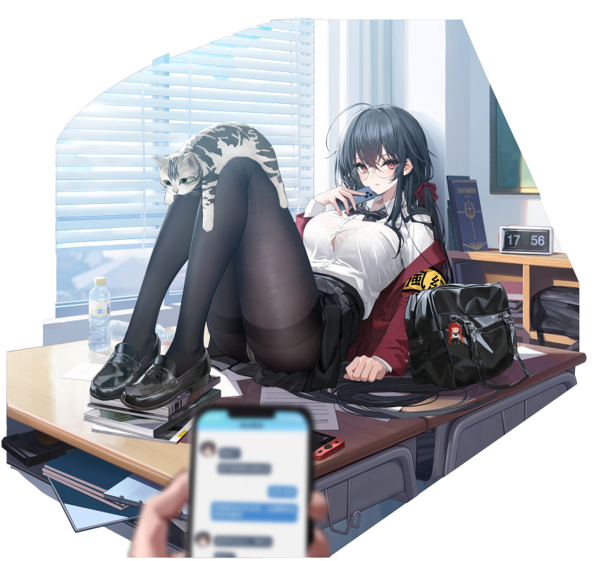 1girl 1other ambiguous_gender azur_lane bag bangs bespectacled black_bow black_bowtie black_footwear black_hair black_panties black_skirt bow bowtie breasts button_gap cat cellphone classroom clock collared_shirt desk glasses hair_between_eyes hand_up highres holding holding_phone honolulu_(azur_lane) honolulu_(umbrella_girl)_(azur_lane) jacket knees_up large_breasts loafers long_hair long_sleeves looking_at_viewer official_alternate_costume official_art on_desk open_clothes open_jacket out_of_frame panties panties_under_pantyhose pantyhose pantyshot phone pleated_skirt pov pov_hands reclining red_eyes red_jacket school_bag school_desk see-through see-through_shirt shirt shoes skirt smartphone solo_focus taihou_(azur_lane) taihou_(sweet_time_after_school)_(azur_lane) underwear white_panties white_shirt yunsang