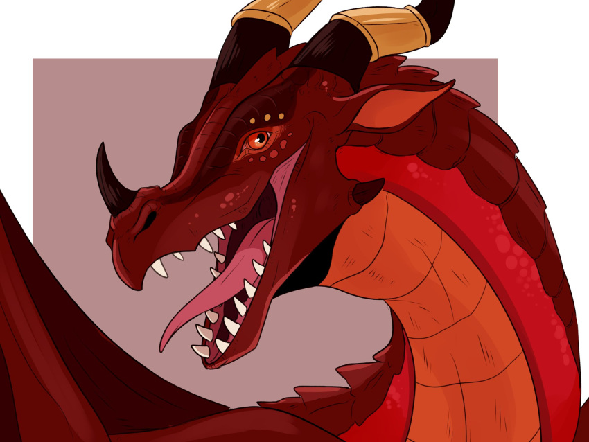 4:3 ambiguous_gender border brown_horn cheek_horn dragon facial_horn feral glistening glistening_eyes hi_res horn imperatorcaesar membrane_(anatomy) membranous_wings nose_horn open_mouth orange_body orange_eyes orange_inner_ear red_body red_ears red_scales red_tongue red_wings scales sharp_teeth simple_background solo teeth tongue tongue_out white_border wings