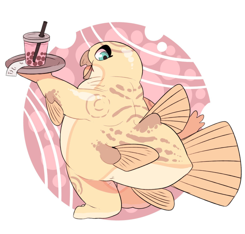 anthro avian beak beverage bird blue_eyes female fish glistening glistening_body glistening_eyes hi_res holding_object hybrid imperatorcaesar looking_back marine open_mouth orange_body orange_tongue rear_view simple_background solo standing tongue yellow_body