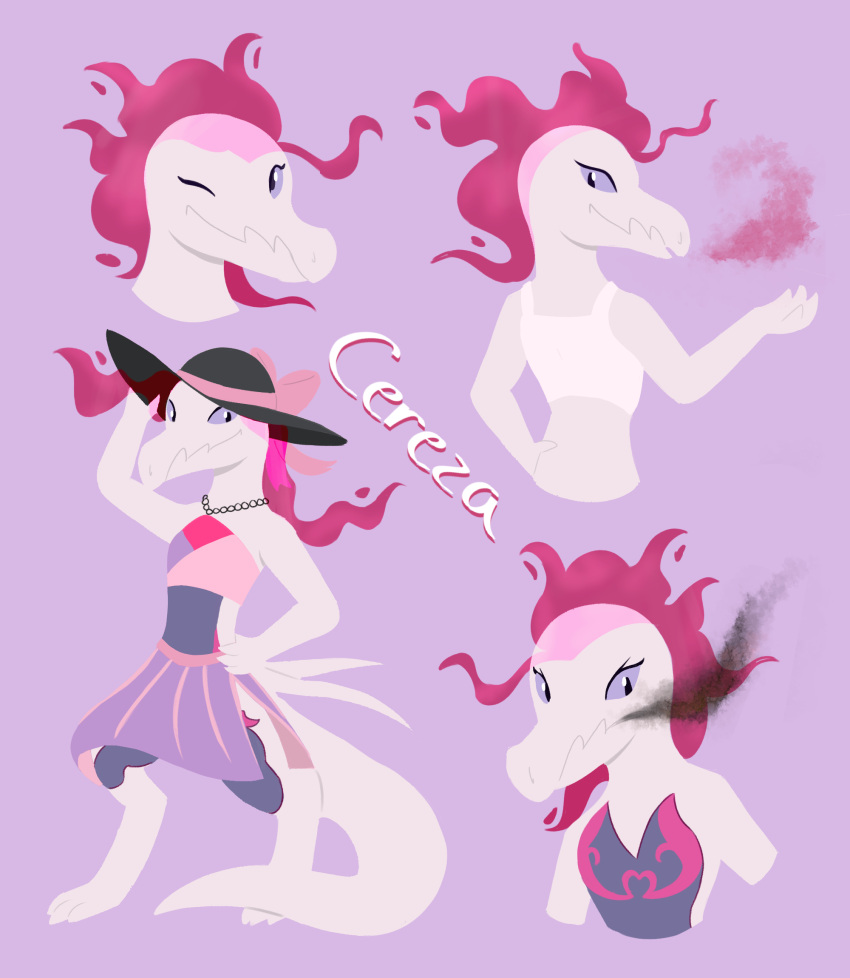 anthro cereza_(bluepegasi) chaseinfinity clothed clothing crop_top digital_media_(artwork) dress female fire hat headgear headwear hi_res looking_at_viewer nintendo one_eye_closed pok&eacute;mon pok&eacute;mon_(species) reptile salazzle scalie shiny_pok&eacute;mon shirt simple_background smile solo sun_hat topwear video_games wink