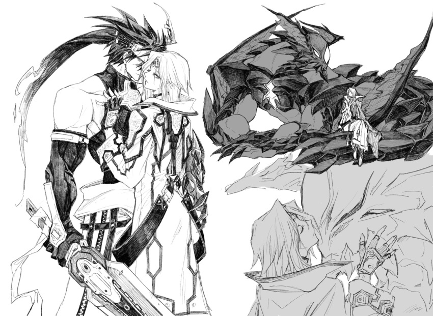 2boys belt claws dong_hole dragon fingerless_gloves gloves greyscale guilty_gear guilty_gear_2 hand_on_own_chest headband highres holding holding_sword holding_weapon ky_kiske long_hair monochrome multiple_boys ponytail sol_badguy sword uniform weapon white_background