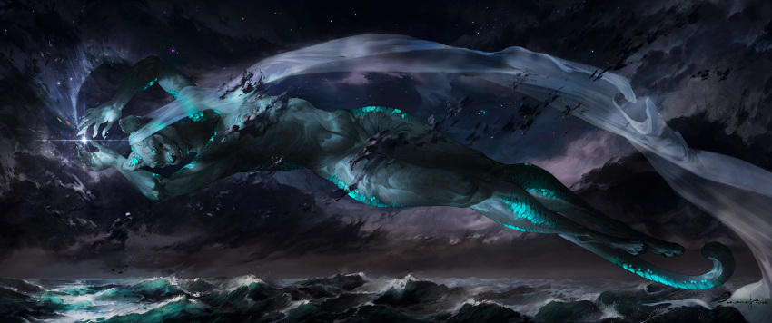 2022 4_toes 5_fingers anthro breasts detailed_background digital_media_(artwork) eyes_closed feet felid feline female fingers gveanel hi_res hybrid mammal night nude outside scales sky solo star starry_sky toes water