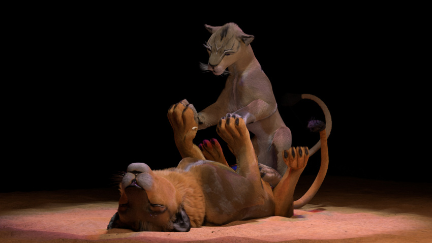 3d_(artwork) cowgirl_position digital_media_(artwork) duo felid female feral from_front_position lion lying male male/female mammal on_back on_bottom on_top pantherine paws realistic ruark sex widescreen