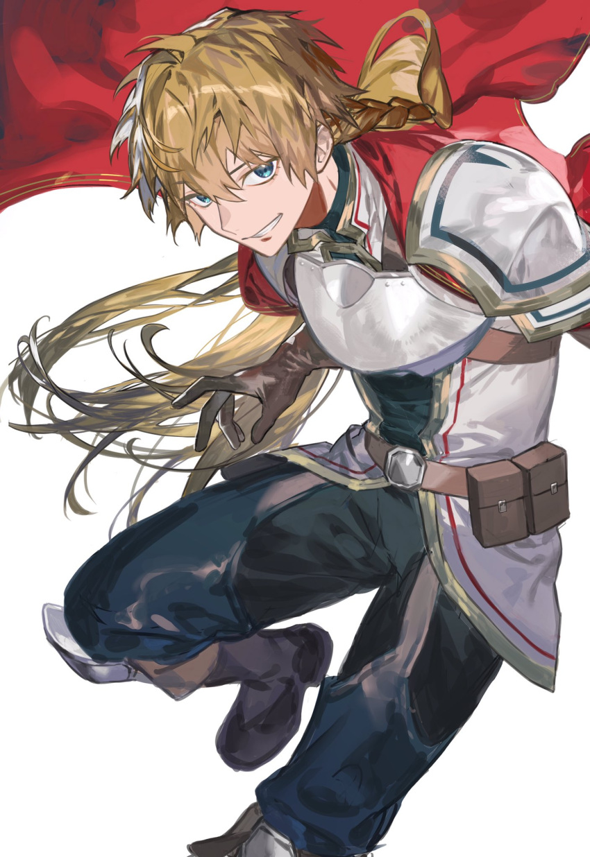 1boy alternate_hair_length alternate_hairstyle armor bangs belt black_pants blonde_hair boots breastplate brown_gloves cape ex_albio gloves green_eyes highres knee_pads long_hair looking_at_viewer male_focus nijisanji pants pouch red_cape serita_jon shoulder_armor simple_background smile solo teeth virtual_youtuber white_background