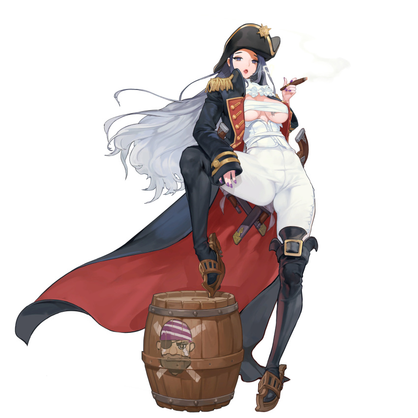 1girl bandages barrel black_cape blue_eyes blue_hair boots breasts cape cigar full_body game_cg gun hat heart highres holding large_breasts last_origin leg_up long_hair looking_at_viewer nail_polish official_art pants pirate pirate_costume pirate_hat rorobomb sarashi smoke smoke_heart smoking solo tachi-e transparent_background very_long_hair war_wolf_(last_origin) weapon white_pants