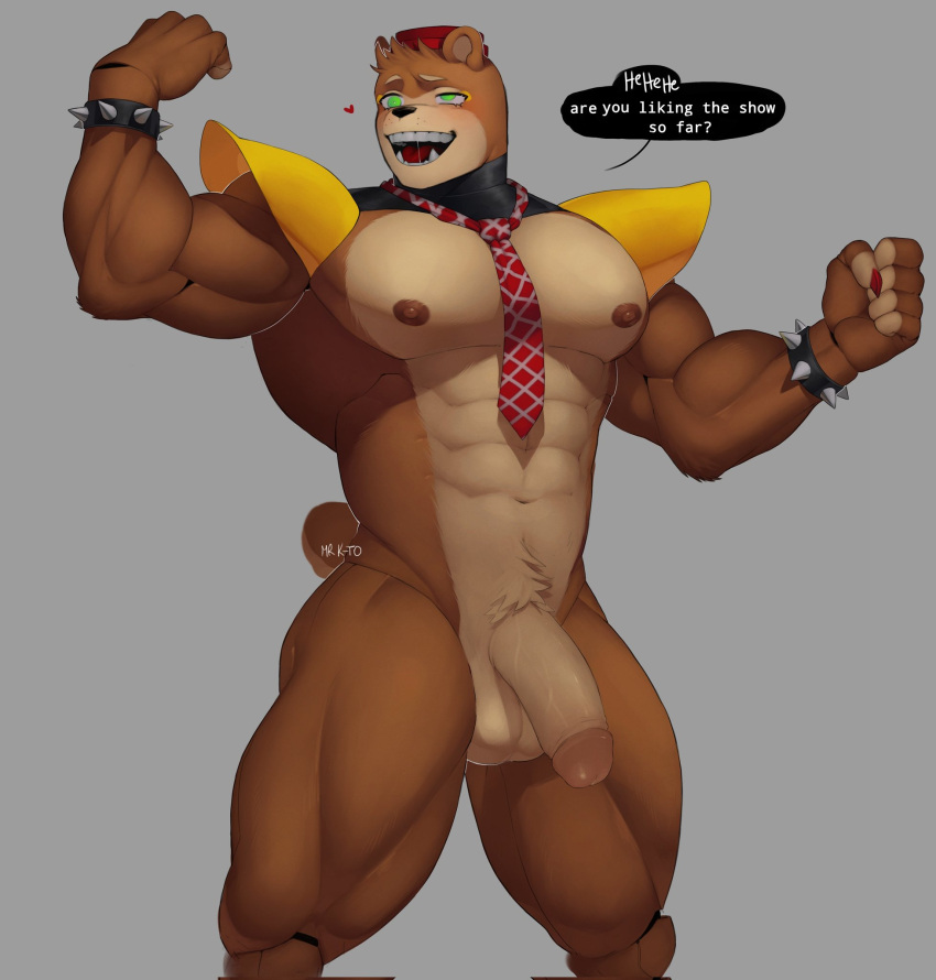 &lt;3 2022 5_fingers animatronic anthro areola balls biceps blush bracelet clothing dialogue english_text fingers five_nights_at_freddy's freddy_fazbear's_pizzeria_simulator fur genitals green_eyes hat headgear headwear hi_res humanoid_genitalia humanoid_penis jewelry kato200_0 machine male mammal multicolored_body multicolored_fur muscular muscular_anthro muscular_male necktie nedd_bear_(fnaf) nipples open_mouth pecs penis robot scottgames shoulder_pads signature solo speech_bubble spiked_bracelet spikes teeth text tongue tuft two_tone_body two_tone_fur ursid video_games