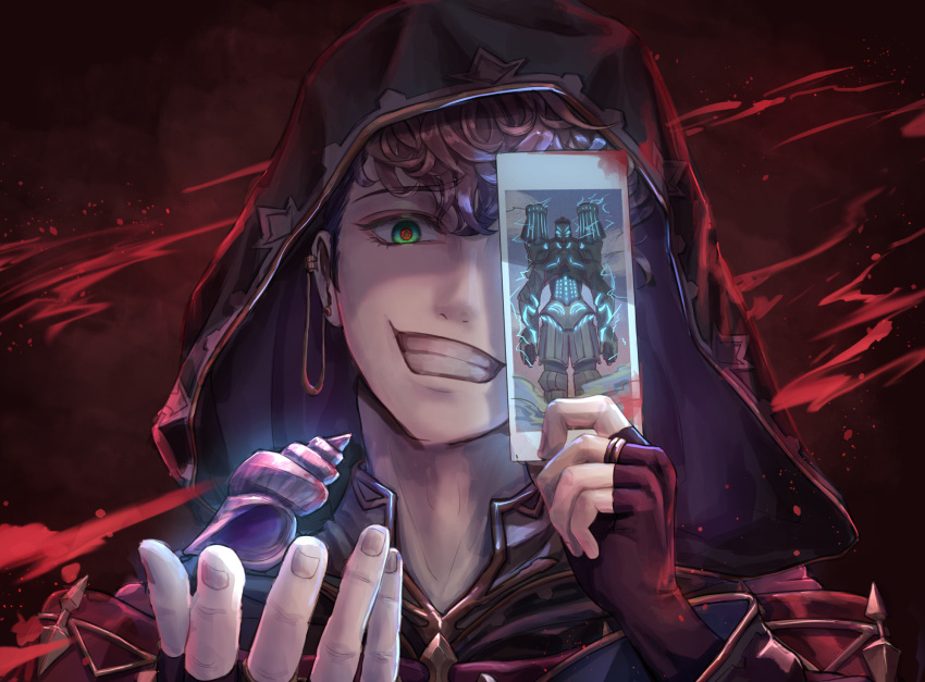 1boy black_gloves blood brown_hair card earrings evil_smile fingerless_gloves gloves granblue_fantasy green_eyes highres hitohanoha holding holding_card hood hood_up hooded_robe jewelry lobelia_(granblue_fantasy) male_focus ring robe seashell shell short_hair smile solo teeth the_tower_(granblue_fantasy) upper_body