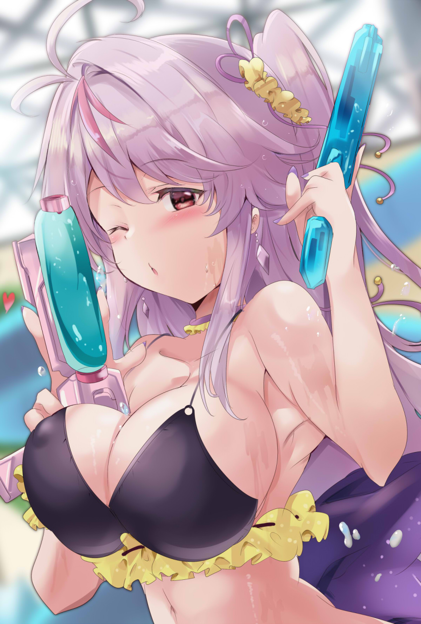 antenna_hair azur_lane breasts cleavage collarbone commentary_request dual_wielding grenville_(azur_lane) hair_ornament highres holding looking_at_viewer navel one_eye_closed portrait purple_hair side_ponytail swimsuit tonchinkan water_gun