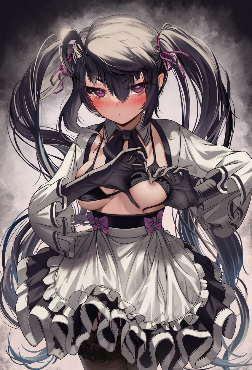 1girl ahoge apron areola_slip bangs bikini bikini_top_only black_bikini black_bow black_bowtie black_gloves black_hair black_skirt blush bow bowtie breasts brown_thighhighs cowboy_shot detached_collar frilled_apron frilled_sleeves frills gloves hair_between_eyes hair_ribbon heart heart-shaped_boob_challenge heart_hands high-waist_skirt highres long_hair long_sleeves looking_at_viewer medium_breasts original priite_hari_(torriet) purple_bow purple_eyes purple_ribbon ribbon skirt solo standing swimsuit thighhighs torriet twintails v-shaped_eyebrows very_long_hair white_apron