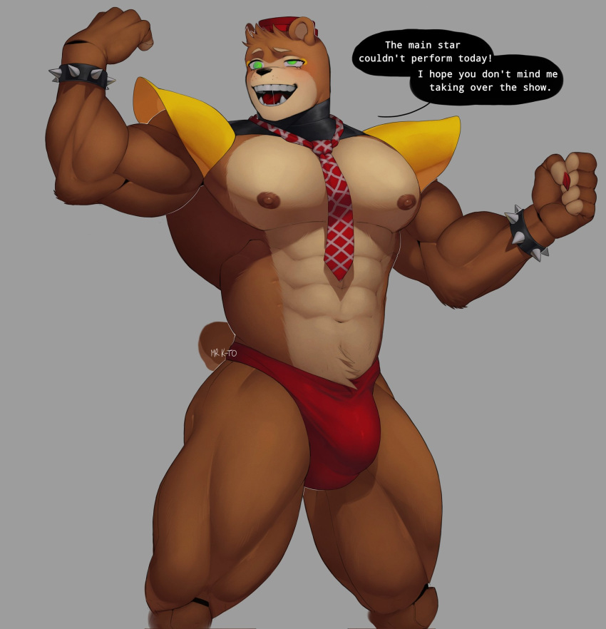 2022 5_fingers animatronic anthro areola biceps bracelet bulge clothing dialogue english_text fingers five_nights_at_freddy's freddy_fazbear's_pizzeria_simulator fur green_eyes hat headgear headwear hi_res jewelry kato200_0 machine male mammal multicolored_body multicolored_fur muscular muscular_anthro muscular_male necktie nedd_bear_(fnaf) nipples open_mouth pecs robot scottgames shoulder_pads signature solo speech_bubble spiked_bracelet spikes teeth text tongue tuft two_tone_body two_tone_fur underwear ursid video_games