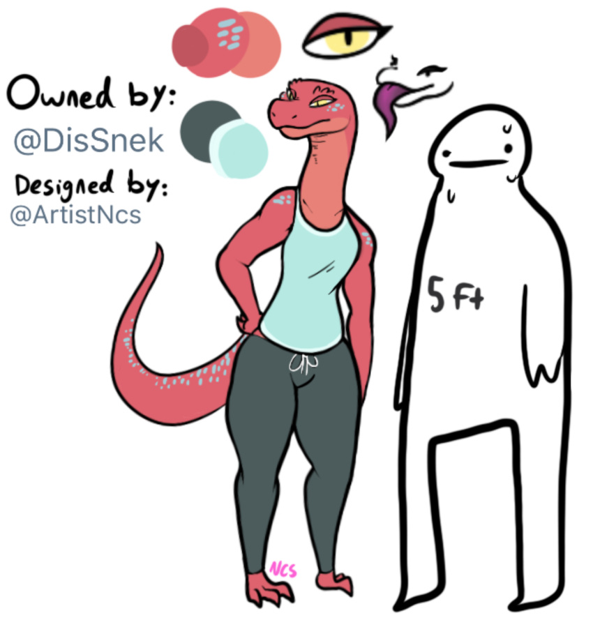 blue_spots clothing female hi_res model_sheet ncs raspberry_(dis_snek) reptile scalie shirt snake solo spots sweatpants tank_top tongue topwear yellow_eyes