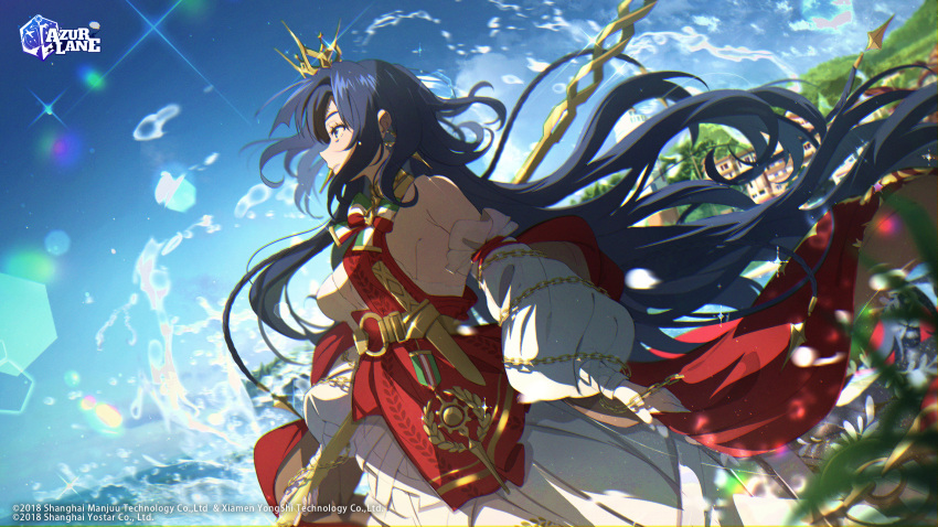 1girl azur_lane bangs blue_hair blue_sky bow breasts chain cloud commentary_request crown dagger day dress earrings highres jewelry kagura_kurosaki knife long_hair looking_away looking_up medium_breasts official_art outdoors parted_lips roma_(azur_lane) shiny shiny_hair simple_background sky solo water water_drop weapon