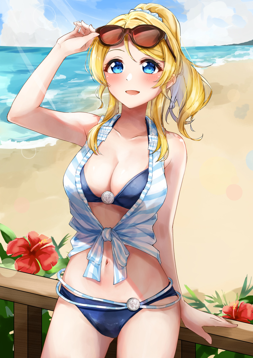 1girl :d absurdres arm_up ayase_eli bangs bare_shoulders beach bikini blonde_hair blue_bikini blue_eyes blue_scrunchie blue_shirt blue_sky blush breasts cleavage cloud collarbone commentary cowboy_shot day eyewear_on_head flower hair_between_eyes hair_ornament hair_scrunchie highres leaning_on_rail long_hair looking_up love_live! love_live!_school_idol_project medium_breasts midriff navel ocean open_mouth outdoors ponytail railing scrunchie shadow shirt sidelocks sky sleeveless sleeveless_shirt smile solo standing striped striped_shirt sunglasses sunlight swimsuit tied_shirt yoshinon_(yoshinon_kotori)