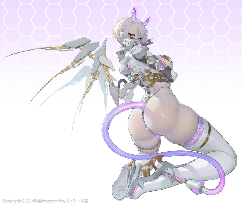 1girl arm_under_breasts ass bodysuit boots breasts full_body gradient gradient_background half-closed_eyes high_heel_boots high_heels highres honeycomb_(pattern) honeycomb_background horns kneeling large_breasts looking_at_viewer mechanical_horns mechanical_tail mechanical_wings original pink_eyes respirator shiny shiny_clothes short_hair skin_tight skindentation solo suerte tail thigh_boots white_hair wings