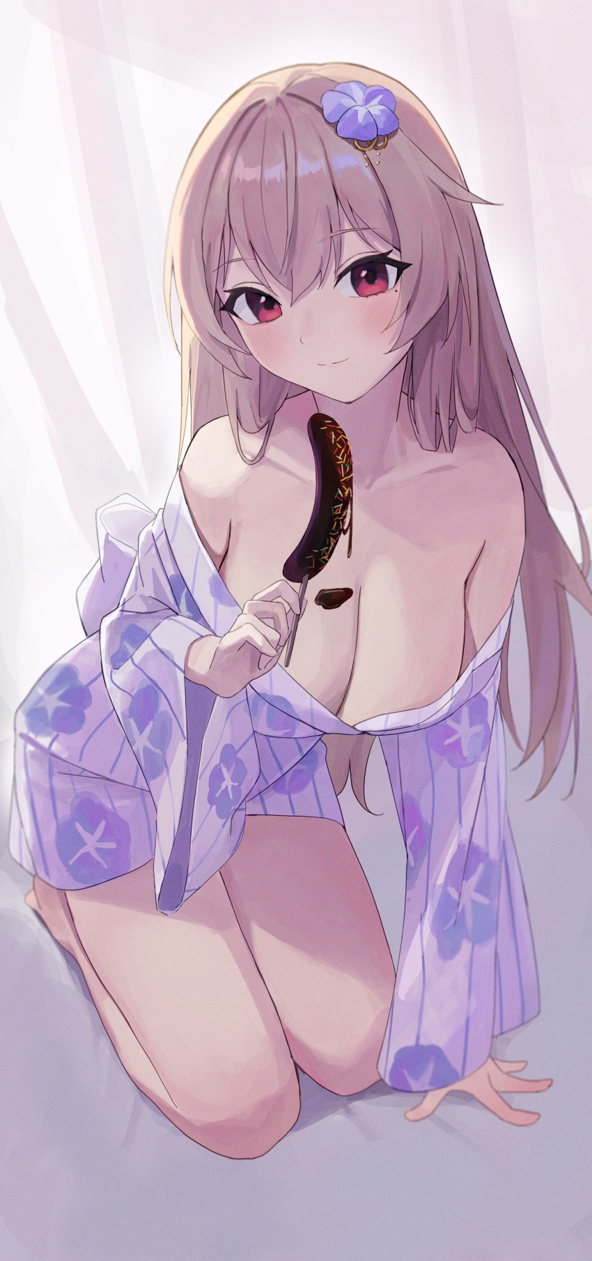 1girl absurdres bare_shoulders breasts brown_hair chocolate_banana cleavage closed_mouth collarbone commission cream_(cream) flower hair_flower hair_ornament highres holding japanese_clothes kimono kneeling large_breasts long_hair long_sleeves looking_at_viewer minn_(kangjm1107) off_shoulder original purple_kimono red_eyes second-party_source short_kimono smile solo thighs wide_sleeves