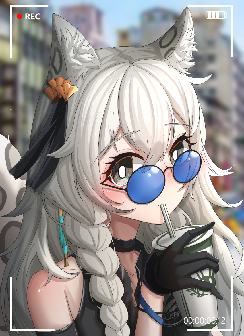 1girl absurdres alternate_costume animal_ears arknights black-framed_eyewear black_choker black_gloves black_vest blue-tinted_eyewear blurry blurry_background braid bright_pupils brown_eyes casual choker city cup depth_of_field disposable_cup drinking drinking_straw eyewear_on_head gloves grey_hair highres holding holding_cup leopard_ears leopard_girl leopard_tail long_hair orangeizumi pramanix_(arknights) recording round_eyewear side_braid smile solo tail tinted_eyewear upper_body vest wrist_cuffs