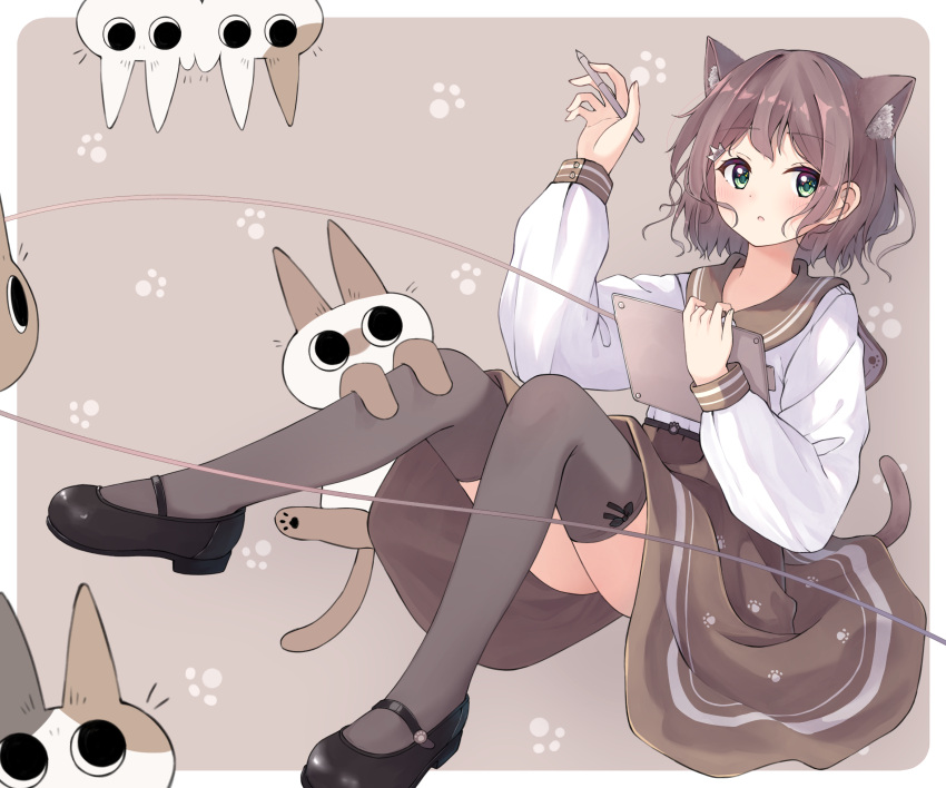 1girl :o animal_ear_fluff animal_ears bangs black_footwear blush brown_background brown_hair brown_sailor_collar brown_skirt cat_ears cat_girl cat_tail commentary_request drawing_tablet enuni green_eyes hair_ornament highres holding holding_stylus huion long_sleeves looking_at_viewer original parted_lips paw_print paw_print_background puffy_long_sleeves puffy_sleeves sailor_collar shirt shoes skirt sleeves_past_wrists solo stylus tail thighhighs two-tone_background white_background white_shirt