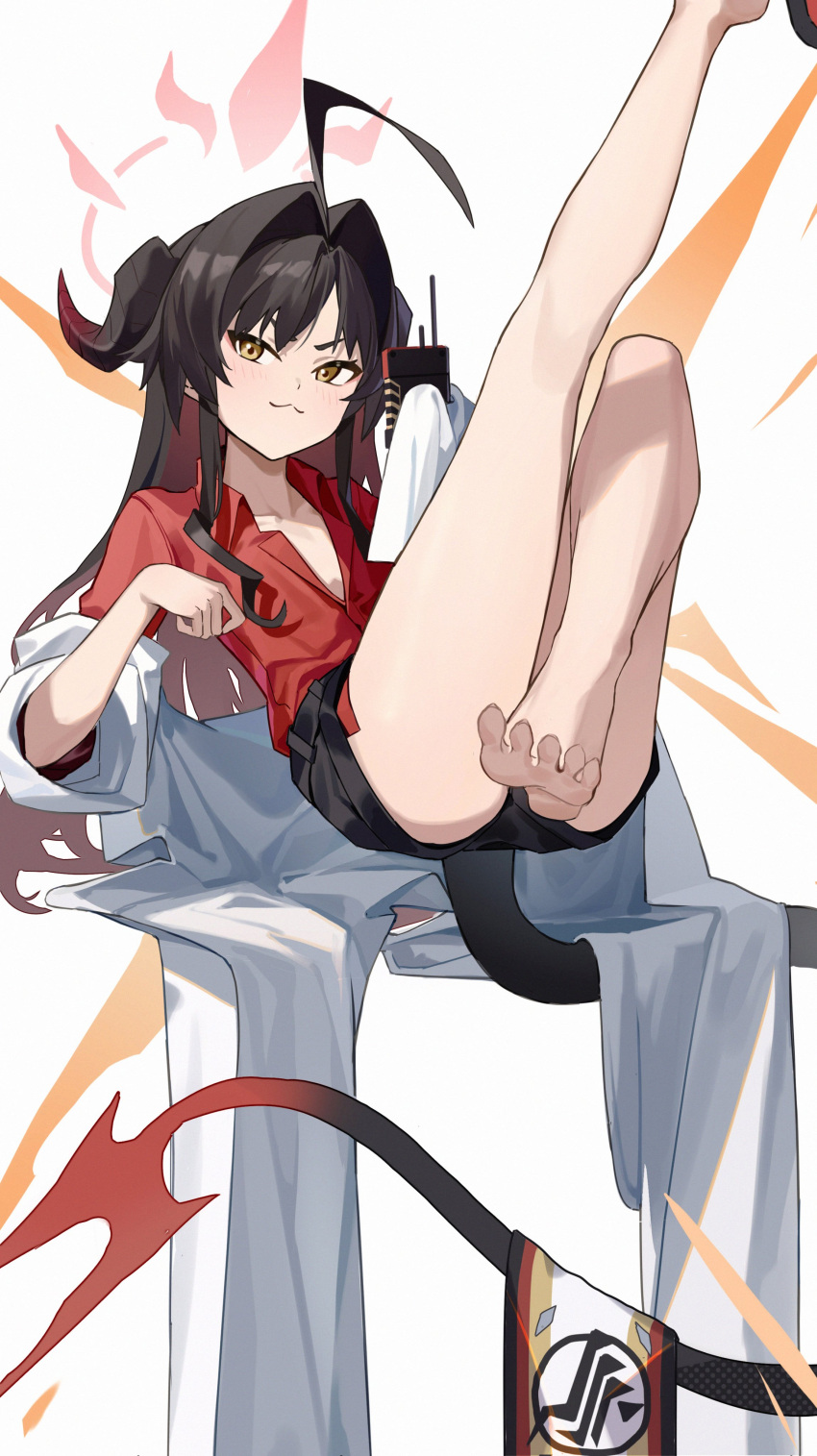 1girl absurdres ahoge armband barefoot black_hair black_shorts blue_archive coat controller feet hair_intakes halo highres horns kasumi_(blue_archive) legs_up lying on_back oversized_clothes red_shirt shirt short_shorts shorts sleeves_past_fingers sleeves_past_wrists smug solo tail white_coat xiu_kukkii yellow_eyes
