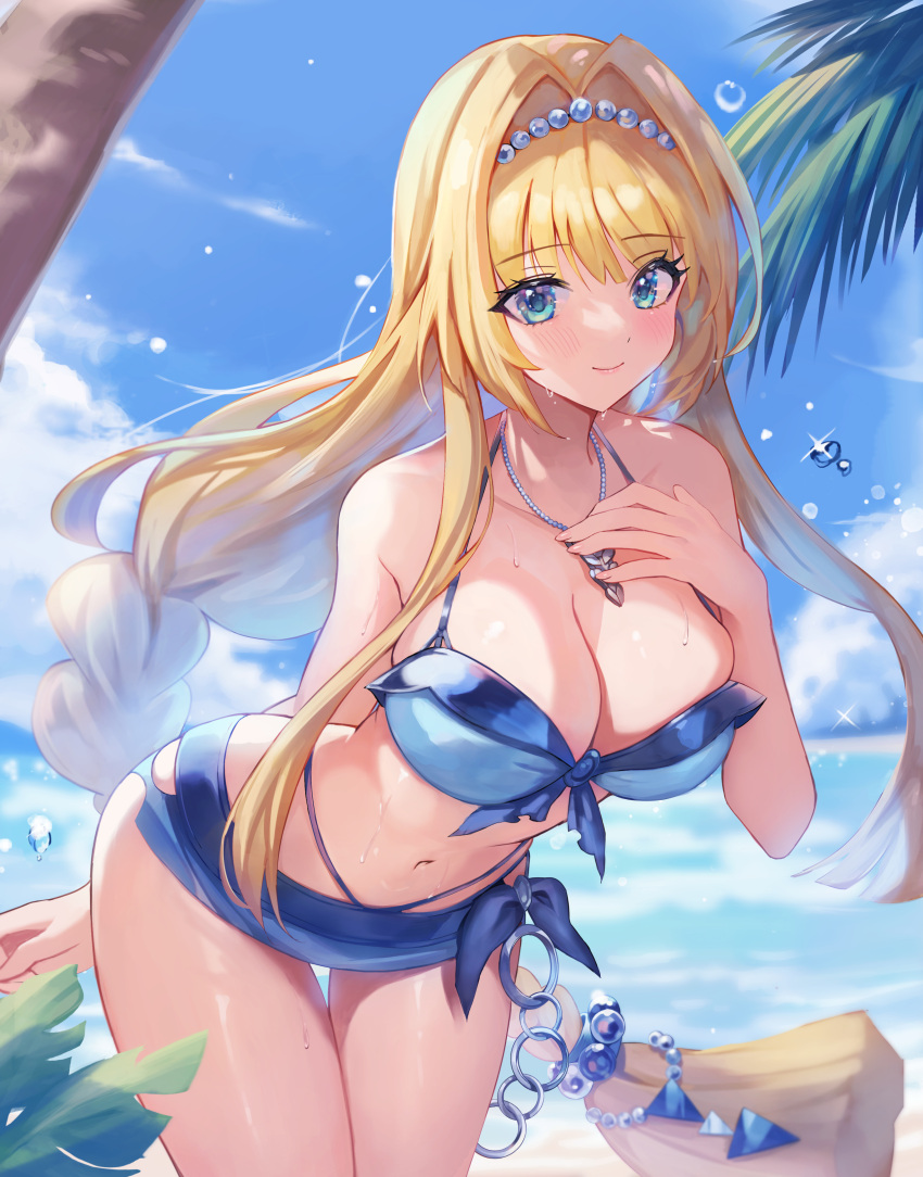 1girl absurdres ashikaga_yoshiteru_(sengoku_otome) blonde_hair blue_eyes blush braid breasts cleavage collarbone doco_(doco3811) hair_intakes hairband highres jewelry large_breasts long_hair looking_at_viewer navel necklace ocean sengoku_otome single_braid smile solo sweat swimsuit thigh_gap