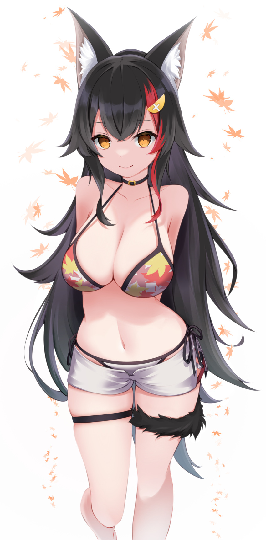1girl absurdres animal_ears artist_request bikini black_hair breasts choker cleavage hair_ornament hairclip highres hololive large_breasts long_hair looking_at_viewer multicolored_hair navel ookami_mio red_hair shorts solo streaked_hair swimsuit tail tail_around_leg thigh_strap very_long_hair virtual_youtuber wolf_ears wolf_girl yellow_eyes