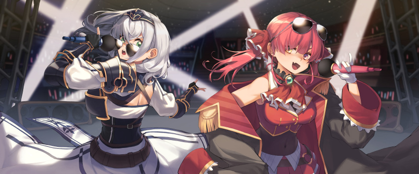 2girls absurdres armor breasts coat coat_on_shoulders covered_navel dress eyewear_on_head green_eyes green_hair headgear heterochromia highres hololive houshou_marine knight large_breasts leotard long_sleeves looking_at_viewer microphone multiple_girls open_mouth pirate red_eyes red_hair shirogane_noel skirt sleeveless sunglasses sunnillust twintails virtual_youtuber wide_sleeves yellow_eyes