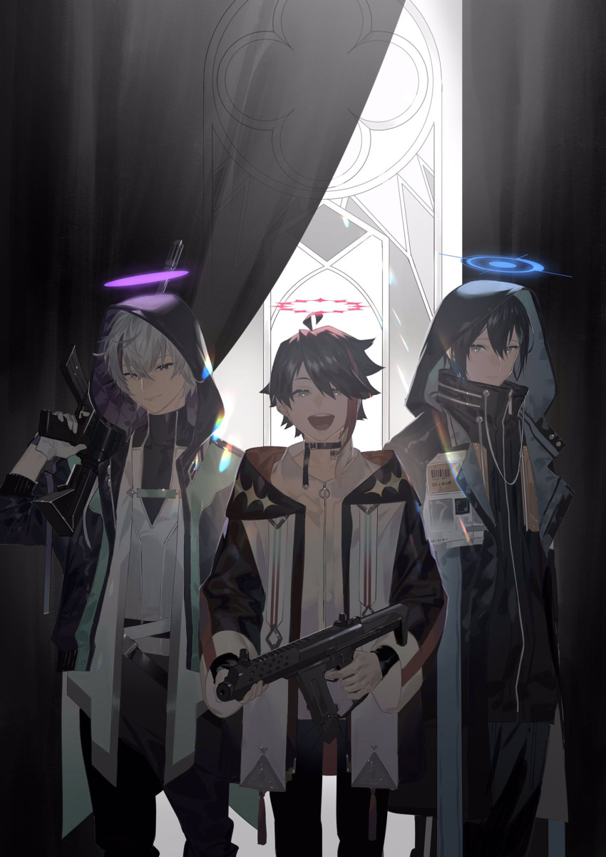 3boys ahoge bangs barcode barcode_tattoo belt black_hair black_jacket brown_hair closed_mouth coat collar curtains feet_out_of_frame fuwa_minato gloves grey_hair gun halo high_collar highres holding holding_gun holding_weapon hood hood_up hooded_coat jacket long_sleeves looking_at_viewer male_focus mayuzumi_kai multicolored_hair multiple_boys nijisanji open_clothes open_coat open_mouth pants rifle saegusa_akina serita_jon shirt short_hair smile standing streaked_hair tattoo turtleneck virtual_youtuber weapon white_gloves white_shirt