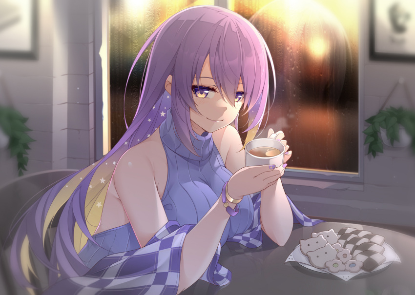 1girl alternate_costume bracelet breasts coffee_mug cookie cup food gradient_hair holding holding_cup hololive hololive_indonesia jewelry large_breasts long_hair masabodo moona_hoshinova mug multicolored_hair plant potted_plant purple_eyes purple_hair purple_nails sleeveless sleeveless_turtleneck smile starry_hair turtleneck virtual_youtuber window