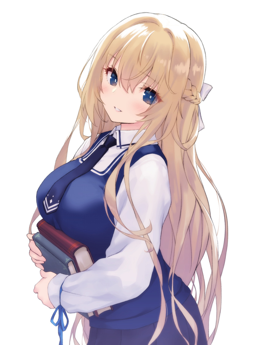 1girl azur_lane bangs blonde_hair blue_eyes blue_necktie blue_skirt blue_vest blush book bow braid breasts french_braid funitarefu glorious_(azur_lane) hair_between_eyes hair_bow highres holding holding_book large_breasts long_hair long_sleeves looking_at_viewer necktie parted_lips shirt simple_background skirt solo upper_body very_long_hair vest white_background white_bow white_shirt