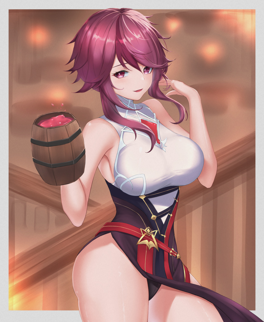 1girl absurdres armpits ass bangs bar beer_mug blurry blurry_background blush breasts cup curvy drink genshin_impact halter_top halterneck hand_up highres holding holding_cup large_breasts legsta looking_at_viewer mug multicolored_hair open_mouth panties purple_eyes purple_hair red_hair rosaria_(genshin_impact) shirt short_hair_with_long_locks side_slit sideboob skirt sleeveless sleeveless_shirt smile solo streaked_hair underbust underwear