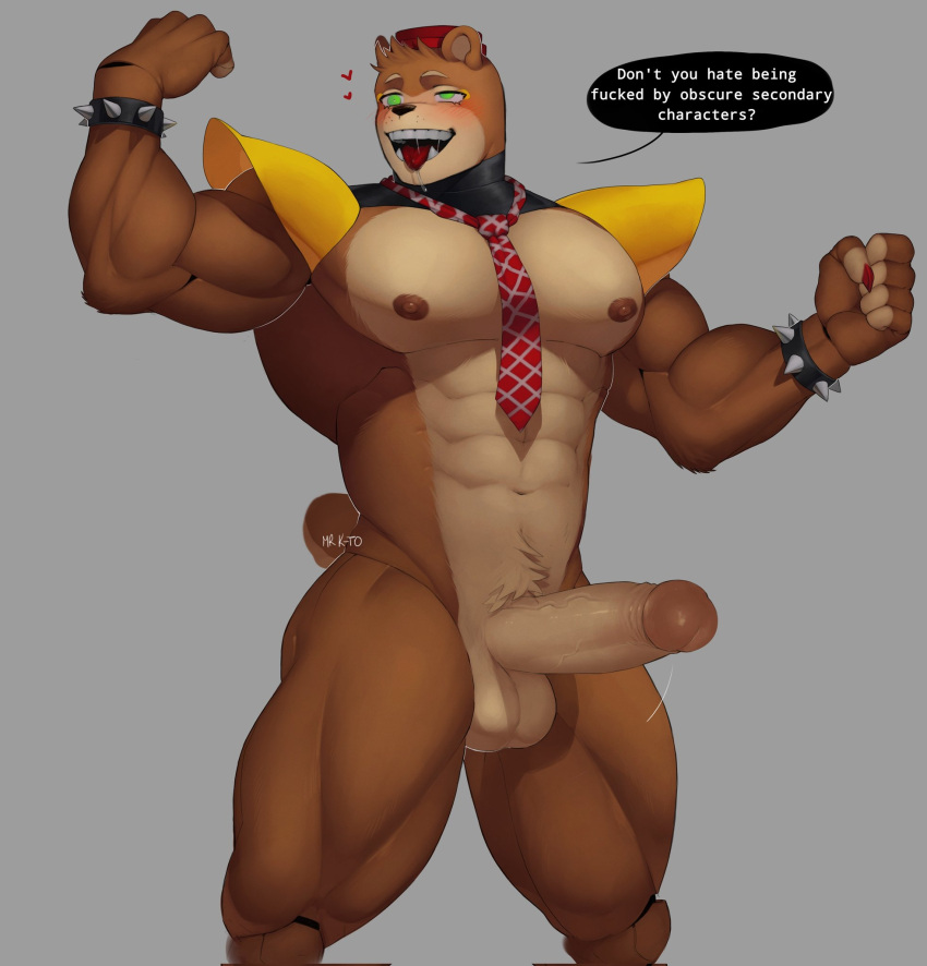&lt;3 2022 5_fingers animatronic anthro areola balls biceps blush bodily_fluids bracelet clothing dialogue english_text erection fingers five_nights_at_freddy's freddy_fazbear's_pizzeria_simulator fur genitals green_eyes hat headgear headwear hi_res humanoid_genitalia humanoid_penis jewelry kato200_0 machine male mammal multicolored_body multicolored_fur muscular muscular_anthro muscular_male necktie nedd_bear_(fnaf) nipples open_mouth pecs penis robot saliva scottgames shoulder_pads signature solo speech_bubble spiked_bracelet spikes teeth text tongue tongue_out tuft two_tone_body two_tone_fur ursid video_games