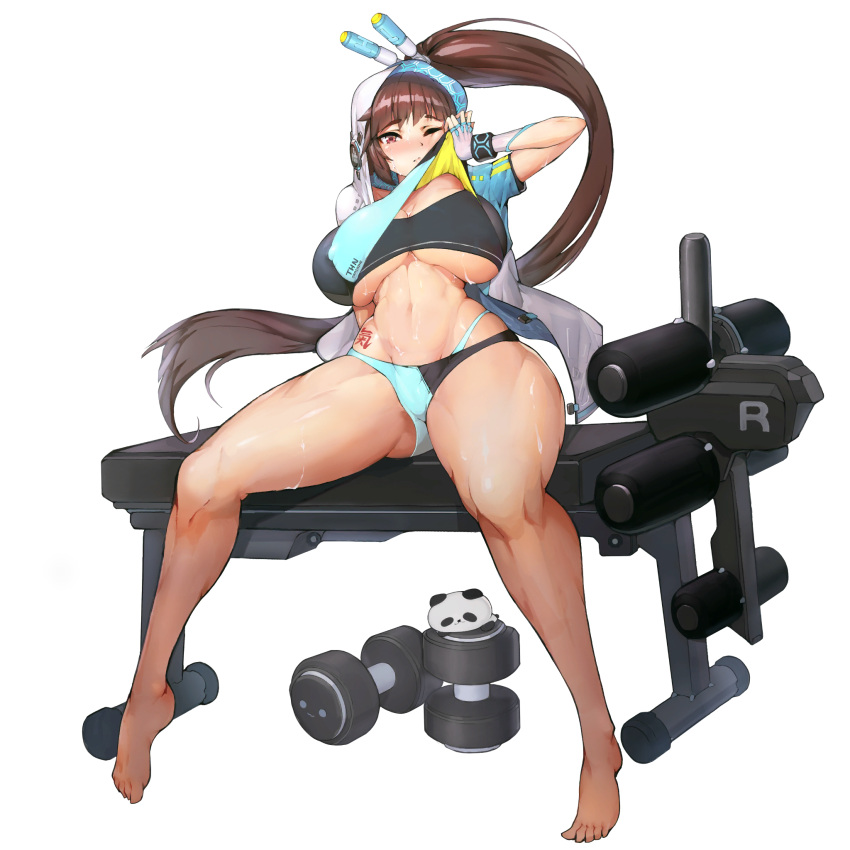 1girl bangs barefoot black_sports_bra blush body_writing breasts brown_eyes brown_hair cleavage clothes_lift dumbbell fingerless_gloves game_cg gloves groin gym hair_pulled_back highres huge_breasts large_breasts last_origin legs_apart lifted_by_self long_hair looking_at_viewer navel official_art one_eye_closed panda shirt_lift side_ponytail sima_(startwitch) sitting solo sports_bra sportswear sweat thick_thighs thighs thong tiequan_(last_origin) toned transparent_background underboob very_long_hair weights wiping_face wiping_sweat
