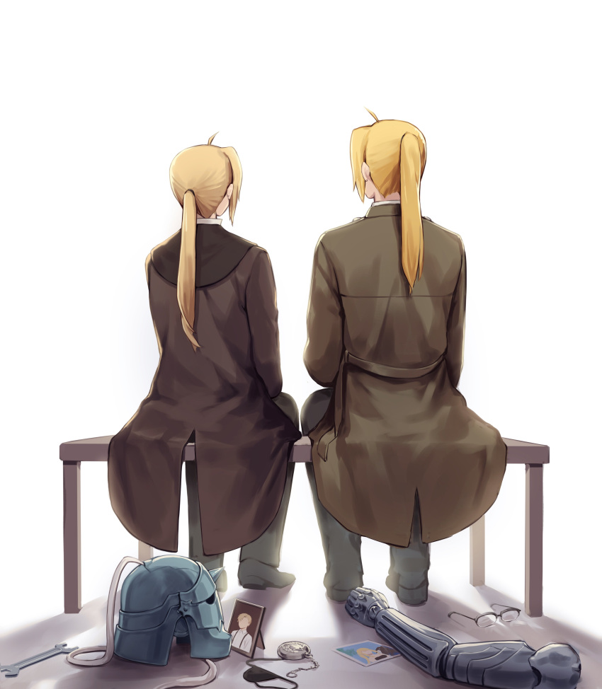 2boys absurdres alphonse_heiderich automail bench black_footwear black_pants blonde_hair brown_coat cameo coat comparison conqueror_of_shambala den_(fma) dual_persona edward_elric eyepatch eyepatch_removed eyewear_removed facing_away fullmetal_alchemist glasses headwear_removed helmet helmet_removed highres kkamcho_owo korean_commentary long_hair long_sleeves male_focus multiple_boys pants photo_(object) pocket_watch ponytail portrait_(object) severed_arm severed_limb shoes side-by-side simple_background sitting watch white_background winry_rockbell wrench