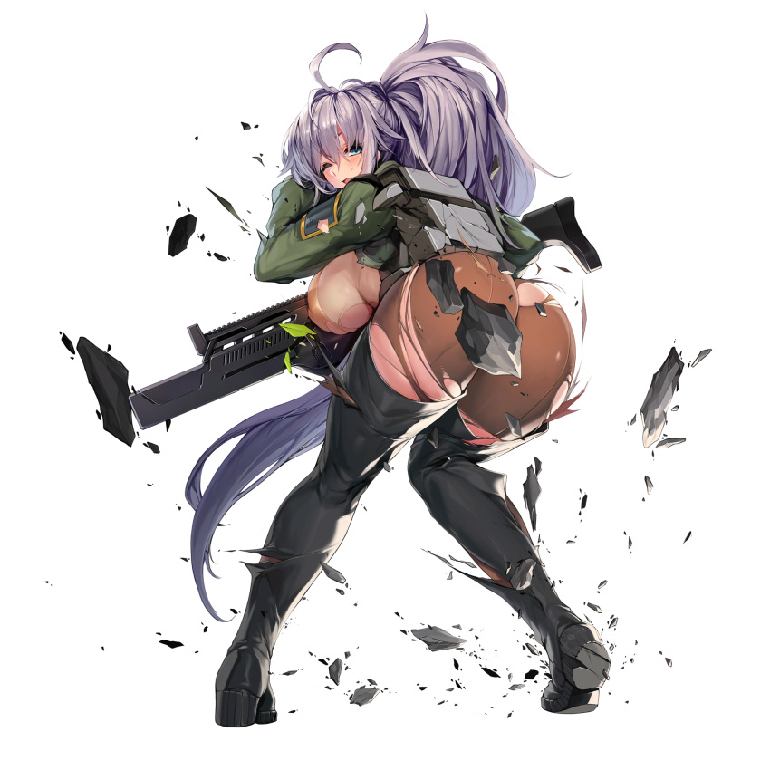 1girl ahoge ass assault_rifle bent_over blue_eyes boots breasts chest_strap defeat explosive full_body game_cg gloves gnome_(last_origin) grenade gun highres huge_breasts last_origin leotard long_hair looking_at_viewer looking_back official_art one_eye_closed pantyhose ponytail purple_hair rifle snowball22 solo tachi-e thigh_boots thighhighs torn_clothes torn_legwear transparent_background weapon yellow_leotard