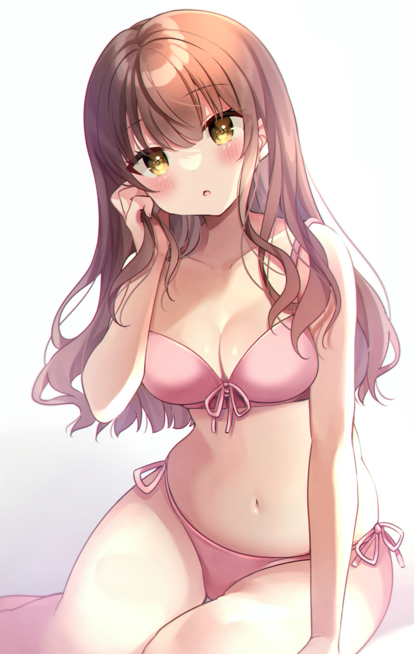 1girl :o bangs bare_arms bare_shoulders bikini blush breasts brown_hair cleavage collarbone commentary_request front-tie_bikini front-tie_top gradient gradient_background grey_background hair_between_eyes head_tilt highres long_hair medium_breasts minami_saki navel original parted_lips pink_bikini side-tie_bikini sitting solo swimsuit white_background yellow_eyes