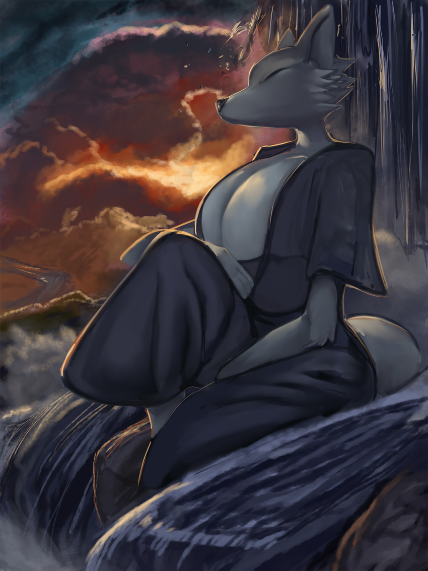 anthro asian_clothing big_breasts black_nose breasts canid canine clothing cloud digital_media_(artwork) east_asian_clothing eyes_closed female fox fur general-irrelevant grey_body grey_fur hi_res huge_breasts mammal outside rock side_view sitting solo sunset water waterfall