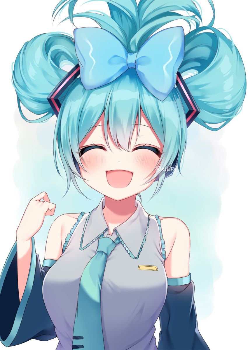 1girl :d aqua_hair bare_shoulders bow cinnamiku closed_eyes detached_sleeves grey_shirt hair_bow happy hatsune_miku headset highres necktie open_mouth shinonome_asu shirt simple_background sleeveless smile solo twintails upper_body vocaloid white_background