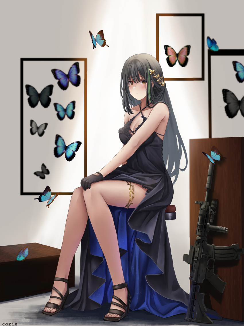 1girl absurdres arm_behind_back artist_name assault_rifle bangs bare_shoulders black_butterfly black_dress black_footwear black_gloves black_hair blue_butterfly blush breasts brown_eyes bug butterfly cleavage closed_mouth collarbone cozie178 dress full_body girls'_frontline gloves gun hair_ornament hairclip hand_on_own_knee high_heels highres legs long_hair looking_at_viewer m4_carbine m4a1_(girls'_frontline) m4a1_(suspender_of_time)_(girls'_frontline) medium_breasts multicolored_butterfly multicolored_hair official_alternate_costume picture_(object) red_butterfly rifle sitting solo streaked_hair weapon weapon_removed