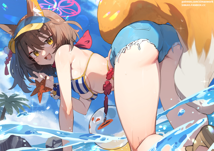 1girl :d all_fours animal_ear_fluff animal_ears ass bangs bare_shoulders beach bikini blue_archive blush breasts brown_hair cleavage day denim denim_shorts fox_ears fox_girl fox_tail halo highres izuna_(blue_archive) izuna_(swimsuit)_(blue_archive) looking_at_viewer medium_breasts micro_shorts open_mouth outdoors short_hair short_shorts shorts simao_(x_x36131422) sky smile solo starfish striped striped_bikini swimsuit tail thighs visor_cap water yellow_eyes