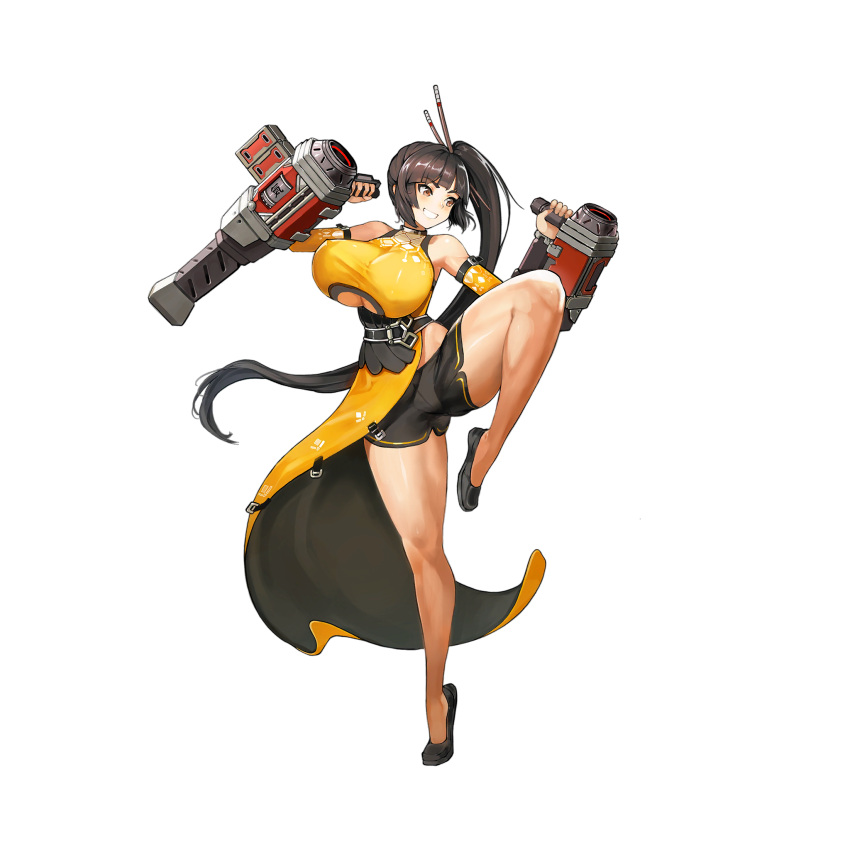 1girl bangs black_shorts blush breasts brown_eyes brown_hair china_dress chinese_clothes dress flats full_body game_cg grin hair_ornament hair_pulled_back hair_stick highres huge_breasts last_origin long_hair looking_to_the_side official_art pelvic_curtain pile_bunker pose short_shorts shorts side_slit sima_(startwitch) smile solo tachi-e tiequan_(last_origin) tonfa transparent_background weapon yellow_dress