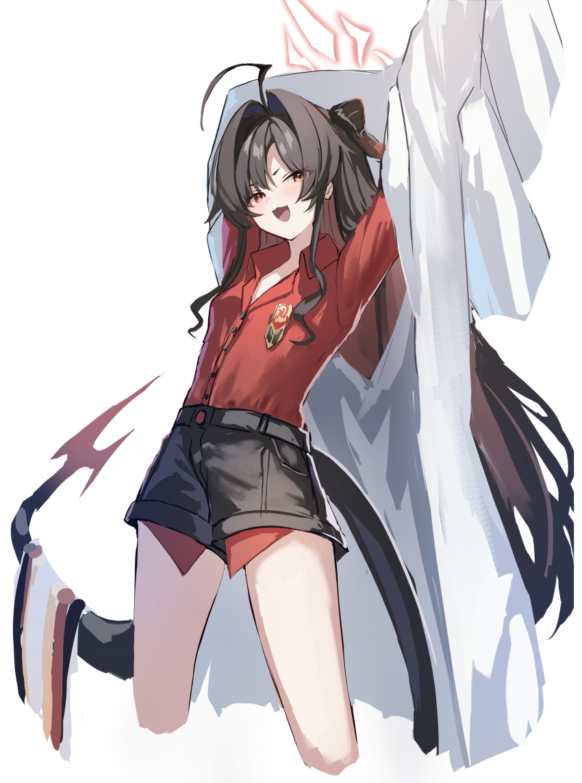 1girl absurdres ahoge arms_up black_shorts blue_archive coat cowboy_shot hair_intakes halo highres horns kasumi_(blue_archive) long_hair oversized_clothes red_hair red_shirt shirt shoa_tksm shorts simple_background sleeves_past_fingers sleeves_past_wrists tail white_background white_coat