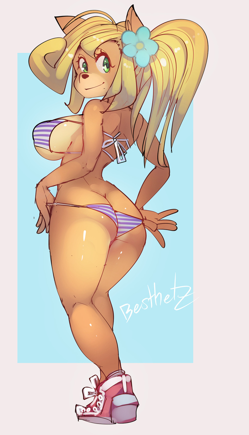 2021 accessory activision anthro besthetz bikini blonde_hair breasts butt clothing coco_bandicoot crash_bandicoot_(series) female flower flower_in_hair footwear green_eyes hair hair_accessory hi_res long_hair looking_at_viewer mammal marsupial plant shoes signature smile solo swimwear video_games