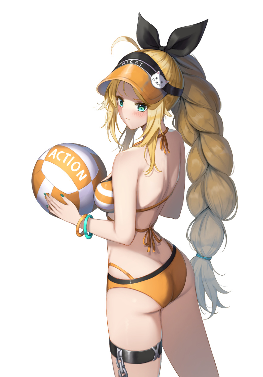 1girl aqua_eyes ass bare_shoulders bikini black_survival blonde_hair bracelet braid breasts chain closed_mouth cowboy_shot eternal_return:_black_survival from_behind green_nails hat highres jewelry long_hair looking_at_viewer looking_back medium_breasts multi-strapped_bikini multicolored_nails nicky_blake orange_bikini orange_headwear orange_nails qoray7 single_braid solo swimsuit thigh_strap v-shaped_eyebrows very_long_hair visor_cap