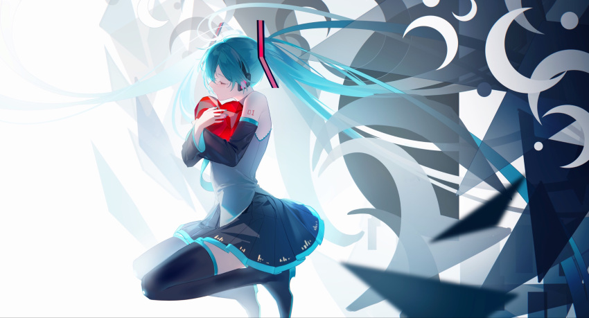 1girl aqua_eyes aqua_hair aqua_nails aqua_necktie bare_shoulders black_footwear blurry boots circle commentary_request creator_connection crescent crying depth_of_field detached_sleeves eyelashes floating_hair from_side grey_shirt hands_up hatsune_miku headphones heart highres holding holding_heart jumping long_hair meru02295238 miniskirt necktie number_tattoo object_hug pleated_skirt rolling_girl_(vocaloid) shards shirt shoulder_tattoo skirt solo songover tattoo tears thigh_boots twintails unhappy_refrain_(vocaloid) unknown_mother_goose_(vocaloid) untucked_shirt ura-omote_lovers_(vocaloid) very_long_hair vocaloid white_background wowaka