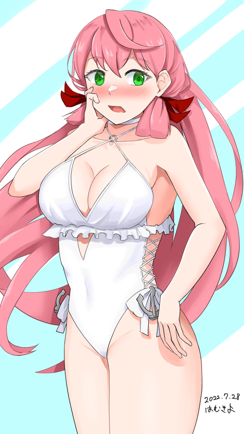 1girl akashi_(kancolle) anchor blunt_tresses blush breasts casual_one-piece_swimsuit choker commentary_request cosplay criss-cross_halter embarrassed frilled_swimsuit frills green_eyes hair_ribbon halterneck hamukiyo hand_on_own_face highres kantai_collection large_breasts long_hair nose_blush one-piece_swimsuit pink_hair ribbon sagiri_(kancolle) sagiri_(kancolle)_(cosplay) side-tie_swimsuit solo standing swimsuit tress_ribbon white_choker white_swimsuit