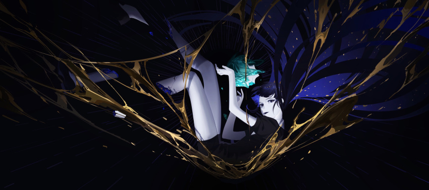 1other amputee arm_up bangs black_background black_footwear blunt_bangs commentary_request cracked_skin crystal_hair falling floating_hair from_side gem_uniform_(houseki_no_kuni) hand_up highres houseki_no_kuni lapis_lazuli_(houseki_no_kuni) liquid long_hair looking_at_viewer looking_to_the_side meru02295238 other_focus outstretched_arms phosphophyllite purple_eyes purple_hair severed_head severed_limb shards shoes short_sleeves shorts solo_focus spoilers straight_hair very_long_hair