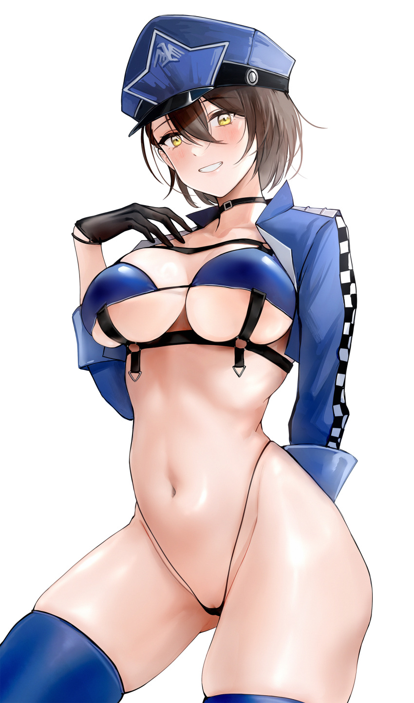 1girl :d absurdres ass_visible_through_thighs azur_lane baltimore_(azur_lane) bangs bikini black_bikini black_choker black_gloves blue_bikini blue_headwear blue_jacket blue_thighhighs blush breasts brown_hair choker cl_(summer_sama) cowboy_shot cropped_jacket gloves grin hat highres jacket large_breasts long_sleeves looking_at_viewer mismatched_bikini open_clothes open_jacket parted_lips pussy pussy_peek race_queen short_hair skindentation smile solo swimsuit teeth thighhighs thong_bikini underboob yellow_eyes